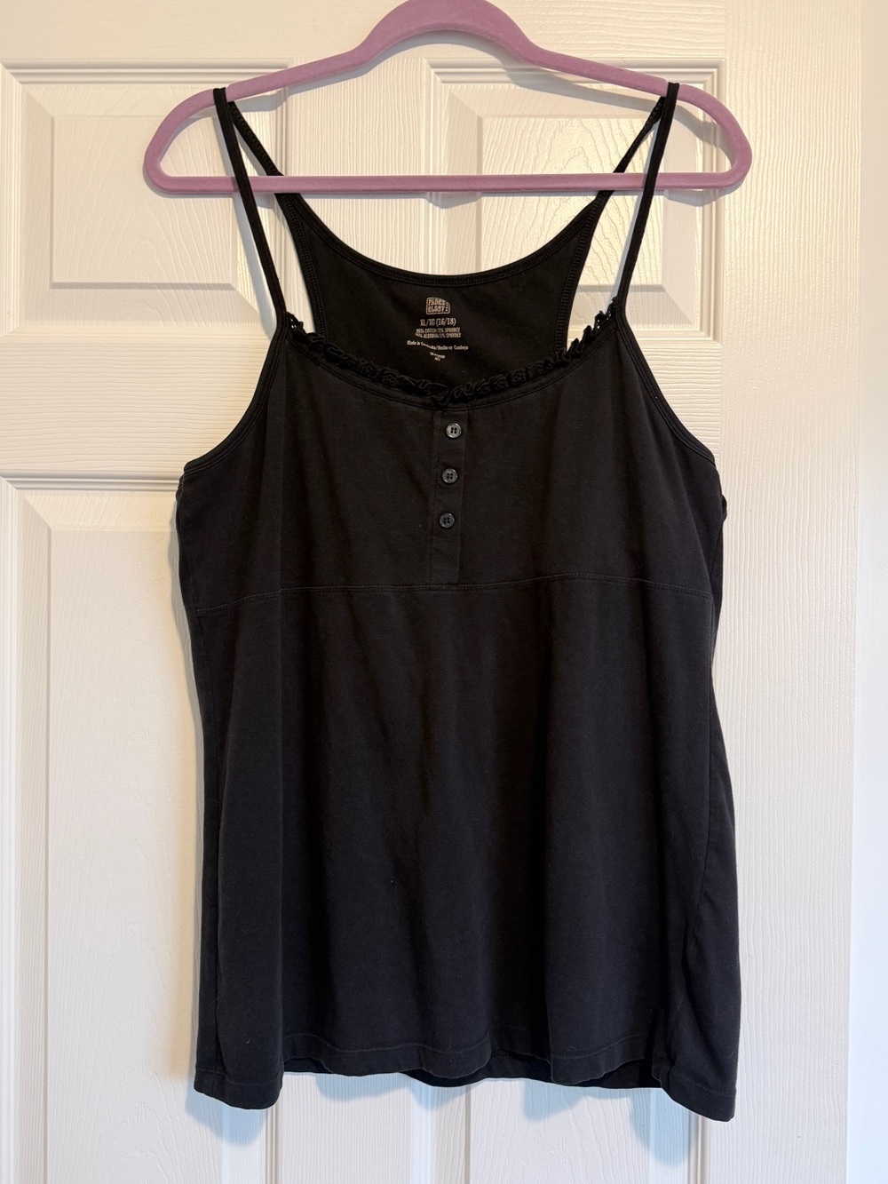 Black Henley Cami Tank Built In Shelf Bra Lace Ruffle Trim Spaghetti Strap XL